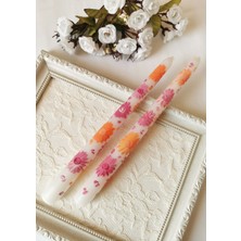 Halley Concept Renkli Çiçek Desenli El Boyaması Beyaz Dekoratif Ikili Mum – 25 cm