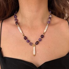 Suerte Accessories Tımbıl Ametist Doğal Taş Barok Inci Özel Tasarım Inci Uçlu El Yapımı Kadın Kolye