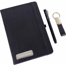 Hediye Rengi Isme Özel Siyah Defter Anahtarlık ve Kalem Seti Özel Tasarım Kutulu​