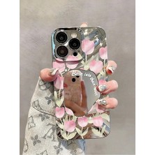 iPhone  14  Gümüş Aynalı Çiçek Desenli Şık Kılıf Lüx Kapak Sevimli Çiçek