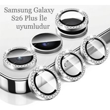 Samsung Galaxy S26 Plus Uyumlu Taşlı Parlak Kamera Lens Koruyucu Cam ve Çerçeve Kamera Koruma Lensi