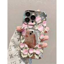 iPhone 16 Pro Max Gümüş Aynalı Çiçek Desenli Şık Kılıf Lüx Kapak Sevimli Çiçek