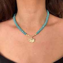 Suerte Accessories Turkuaz Doğal Taş Çelik Deniz Kabuğu Sembol Uçlu El Yapımı Özel Tasarım Kadın Doğaltaş Kolye