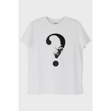 Lofux Gothic Soru İşareti Kafatası Baskılı Beyaz Tişört