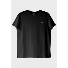 Lofux x Kalp x Desenli Nakış Siyah T-Shirt - Sevgililer Günü Hediyesi