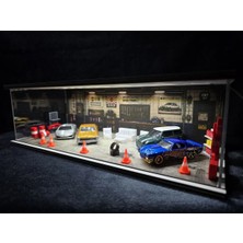 Fabrikahsap Fabrikahşap Exclusive Full Aksesuarlı 1.64 Diorama Diecast Model Araba Garaj Standı USB Ledli 7 Araçlık Hotwheels Mini Gt