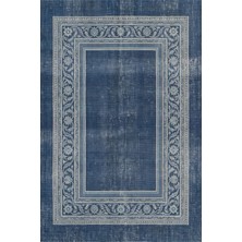 Rugzella Quartz Lacivert Denim Mavi Minimalist Bordürlü Modern Solgun Desen Yıkanabilir Halı