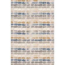 Rugzella Indigo Mavi Modern Yatay Fırça Darbeli Bant Desenli Krem Gri Yıkanabilir Halı