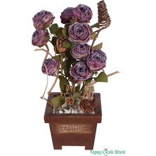 Yapay Çiçek Sitesi Ahşap Garden Saksıda Gerçek Görünümlü Yapay Gül Tanzimi 40 cm Mürdüm