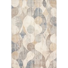 Rugzella Magnolia Krem Gri Iç Içe Daireler Modern Soft Mavi Desenli Yıkanabilir Halı