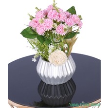 Yapay Çiçek Sitesi Gümüş Beton Saksıda Yapay Tomurcuklu Krizantem Tanzimi 28 cm Açık Pembe