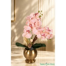 Yapay Çiçek Sitesi Metal Bronz Küre Saksıda Orkide Tanzimi 43 cm Somon