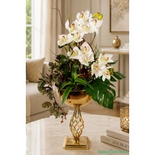 Yapay Çiçek Sitesi Metal Altın Vazoda Cymbidium Orkide Tanzimi 80CM Beyaz