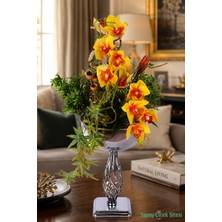 Yapay Çiçek Sitesi Metal Burgulu Vazoda Yapay Orkide Tanzimi 75CM Sarı
