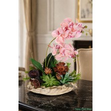 Yapay Çiçek Sitesi Seramik Saksıda Yapay Bitkili Orkide Tanzimi 46CM Pembe-Yeşil