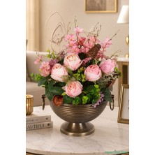 Yapay Çiçek Sitesi Metal Küpeli Saksıda Yapay Gül Tanzimi 48CM Pembe