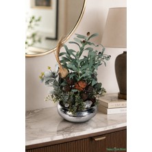 Yapay Çiçek Sitesi Metal Darbeli Saksıda Yapay Zeytin ve Kuru Çiçek Tanzimi 52 cm Yeşil