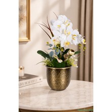 Yapay Çiçek Sitesi Bronz Metal Saksıda Premium 2 Dal Yapay Orkide Aranjmanı 40CM