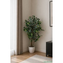 Yapay Çiçek Sitesi Beyaz Saksıda Yapay Benjamin (Ficus) Ağacı 130 cm Yeşil-Beyaz