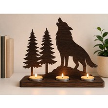 Rokh 🐺 Kurt & Çam Ağacı 3'lü Mumluk | Dekoratif Mdf Tealight Mumluk | Doğadan Ilham Alan Hediyelik Üç