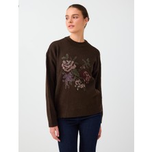 Jimmy Key Acı Kahve Floral Desenli Kroşe Detaylı Triko Kazak