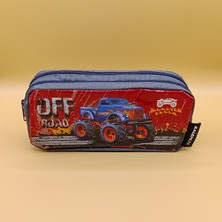 Kalemlig Çift Bölmeli Monster Truck Desenli Kalem Kutusu – Gri Kırmızı Kalemlik