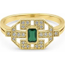 Sembol Gold Taşlı Zümrüt Görünümlü Modern Altın Yüzük