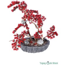 Yapay Çiçek Sitesi Fiber Saksılı Premium Yapay Kuşlu Bonsai Ağaç Kırmızı 70 cm