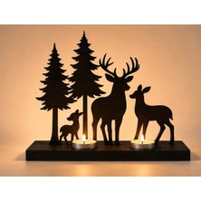 Rokh 🦌🌲 Geyik Ailesi Ahşap Tealight Mumluk 30X25 cm 🎁 Doğa Temalı Dekoratif Ev Hediyesi