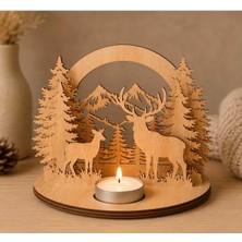Rokh 🦌🌲 Geyik ve Orman Temalı Ahşap Tealight Mumluk 25X25 cm 🎁 Doğa Temalı Dekoratif Hediyelik