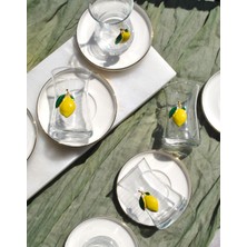 Qualitev 12 Parça Limonlu Çay Seti Limon Dekorlu Çay Bardağı ve Gold Porselen Çay Tabağı