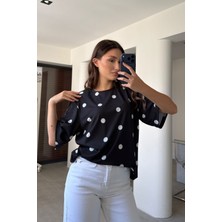 Magarde Vatkalı Oversize Puantiyeli Bluz- Siyah