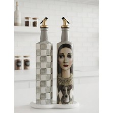 Mes Reves Büyük Boy 2'li Set Cam Yağdanlık Sirkelik Seti 750 ml - El Yapımı Gri Kareli Kadın ve Gri Beyaz Damalı Desenli Set