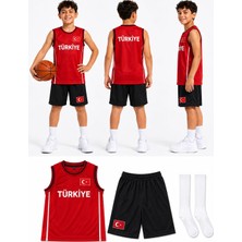 Yensa Türkiye Armalı Siyah-Kırmızı Çocuk Basketbol Forması Çorap Hediyeli