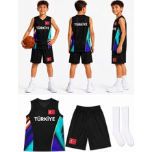 Yensa Türkiye Armalı Siyah-Turkuaz Çocuk Basketbol Forması Çorap Hediyeli