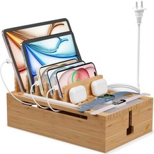 Pezin & Hulin Bambu Çoklu Cihaz Şarj Istasyonu USB Şarj Cihazı Güç Adaptörlü Dock Düzenleyici (10 Port Hub) 6 Kablo Telefonlar Tabletler Için Kablo Yönetim Düzenleyici Doğal Renk