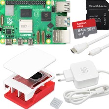 Smart-Home-Komponente Raspberry Pi 5 4gb Başlangıç ​​kiti | Usb-C 27W Güç Kaynağı | Fanlı Kasa | 64GB Sd Kart | 4K Mikro HDMI Kablosu | Kırmızı - Beyaz