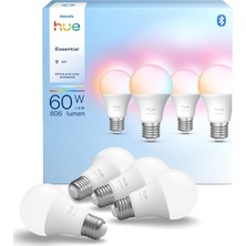 Philips Hue Essential Smart LED A60 Lamba, Beyaz ve Renkli LED Ampul, E27 Soket, 8W, 2200K-6500K, 806 Lümen LED Işık, Kısılabilir, Alexa, Google Assistant ve Apple Home ile Uyumlu, 4'lü Paket