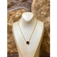 Livora Jewelry 925 Ayar Gümüş Gold Kaplama Oniks Taşlı Şans Yoncası Bordo Kadın Kolye