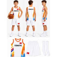 Yensa Türkiye Armalı Beyaz Turuncu Çocuk Basketbol Forması Çorap Hediyeli