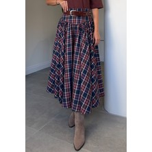 Magarde Premium Volanlı Ekose Etek- Bordo