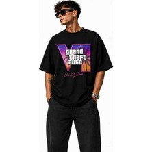 Siyah Unisex Oversize Gta Vı Baskılı Ribanalı Tişört %100 Pamuk 240 Gsm Premium