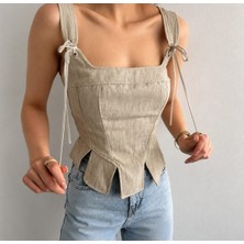 Mare Butik Bej Keten  Bağcıklı Korse Bluz M