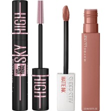TeknoKapsül Maybelline New York Lash Sensational Sky High Cosmic Black Maskara + Super Stay Matte Ink Likit Mat Ruj, 65 Seductress Makyaj Seti