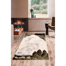 TeknoKapsül Pelangi Siyah Gül ve Yaprak Desenli Yıkanabilir Kaymaz Taban Leke Tutmaz Modern Salon Halısı ve Yolluk, Krem-Siyah 80 x 600