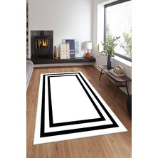 TeknoKapsül Pelangi Beyaz Siyah Dikdörtgen Işlemeli Yıkanabilir Kaymaz Taban Leke Tutmaz Modern Salon Halısı ve Yolluk, Beyaz-Siyah 80 x 500