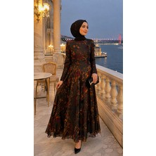 Uzer Abiye Tesettür Flok Baskı Kadife Çiçekli Uzun Kollu A-Kesim Maxi Abiye Elbise