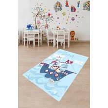 TeknoKapsül Pelangi Denizci Korsan Desenli Dijital Baskı Yıkanabilir Kaymaz Taban Çocuk Odası Halısı, Turkuaz 160 x 300