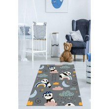 TeknoKapsül Pelangi Panda Gökkuşağı Bulut Desenli Dijital Baskı Yıkanabilir Kaymaz Taban Leke Tutmaz Çocuk Odası Halısı, Gri-Mavi 160 x 300