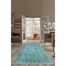 TeknoKapsül Pelangi Mavi Eskitme Desen Nakış Işlemeli Yıkanabilir Kaymaz Taban Leke Tutmaz Modern Salon Halısı ve Yolluk, Turkuvaz 180 x 250, 74571228180250728